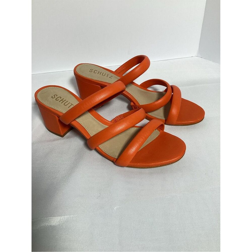 Schutz Olly Mid Block Heel Sandals Bright Orange Women's Slip-On